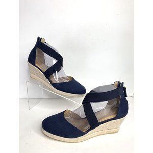 Talbots Lyndsay D'orsay Espadrilles Navy Blue Natural Wedges Sandals 9.5 Shoes